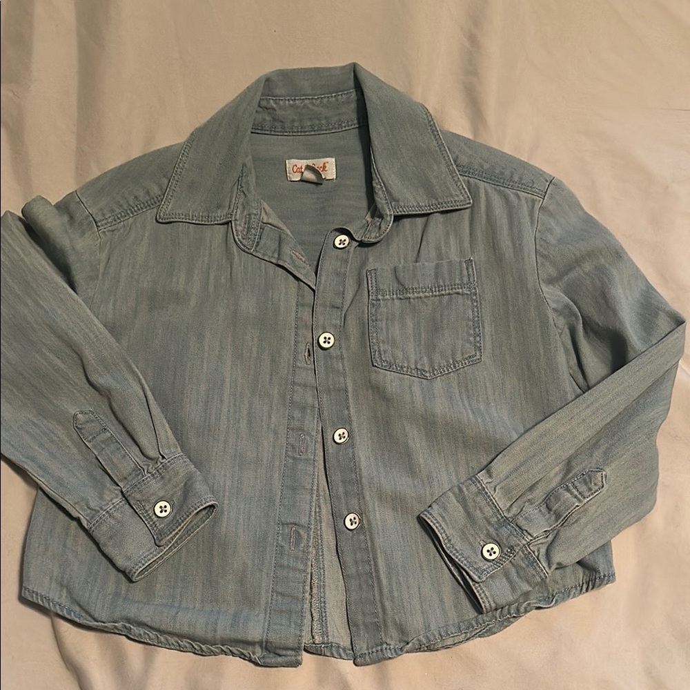 Girls Light Blue Denim Button-Up Shirt